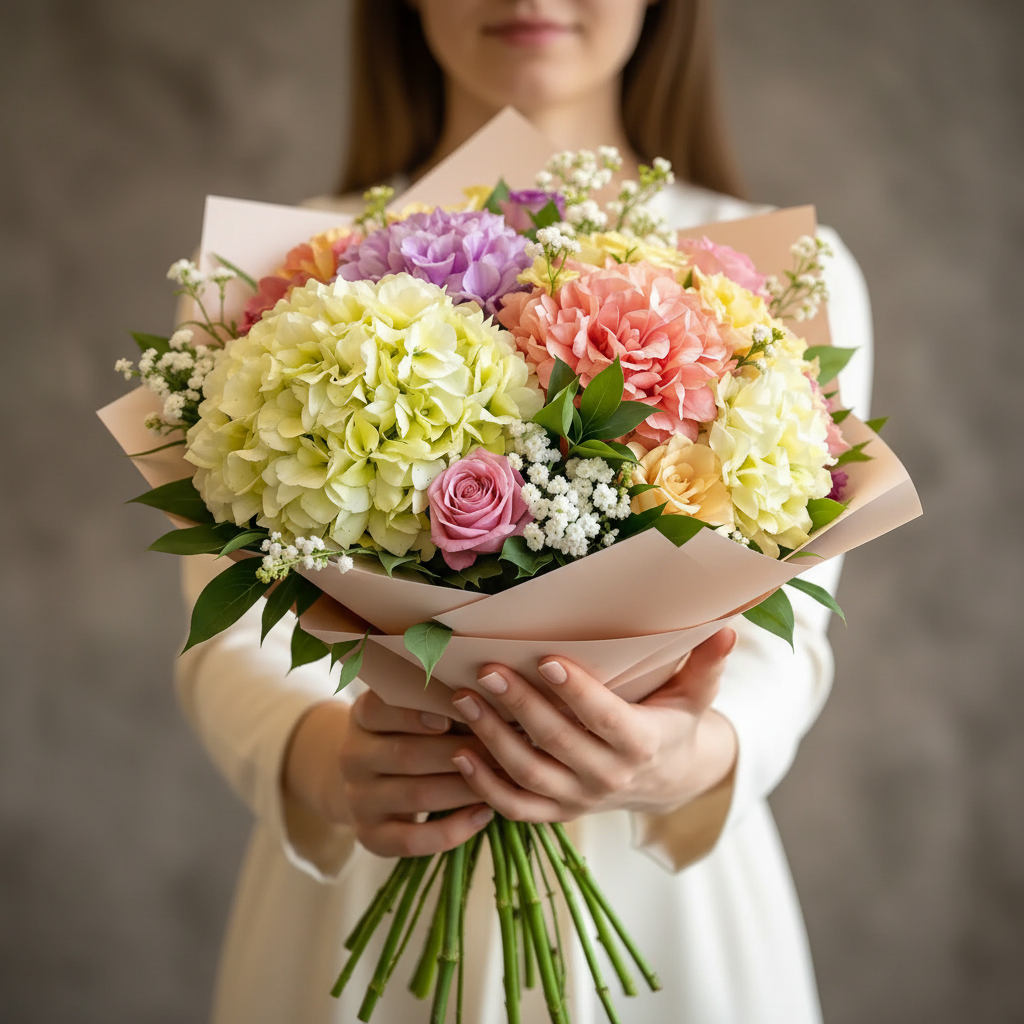 Armonie Delicata – 5 Hortensii, 4 Trandafiri, Floarea Miresei, 2 Alstroemeria, Verdeață și Ambalaj - imagine 3
