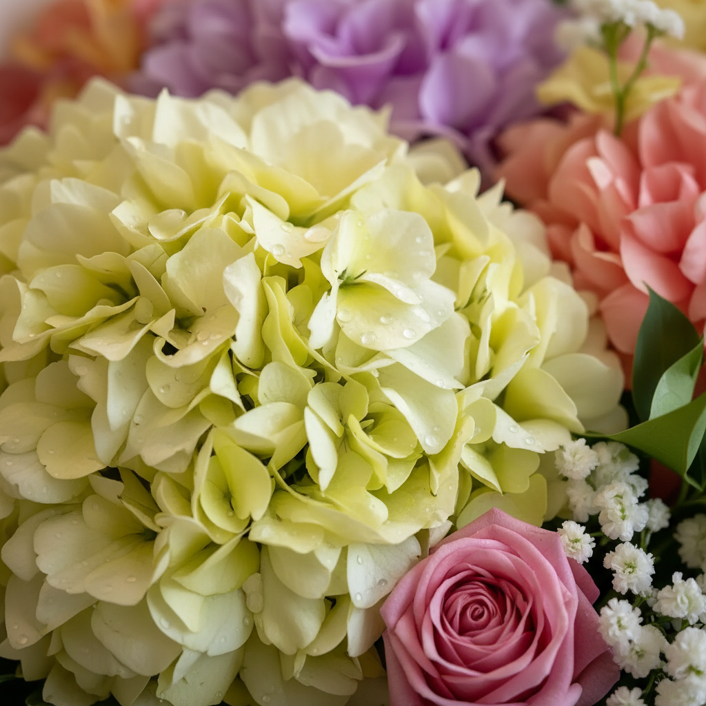 Armonie Delicata – 5 Hortensii, 4 Trandafiri, Floarea Miresei, 2 Alstroemeria, Verdeață și Ambalaj - imagine 4