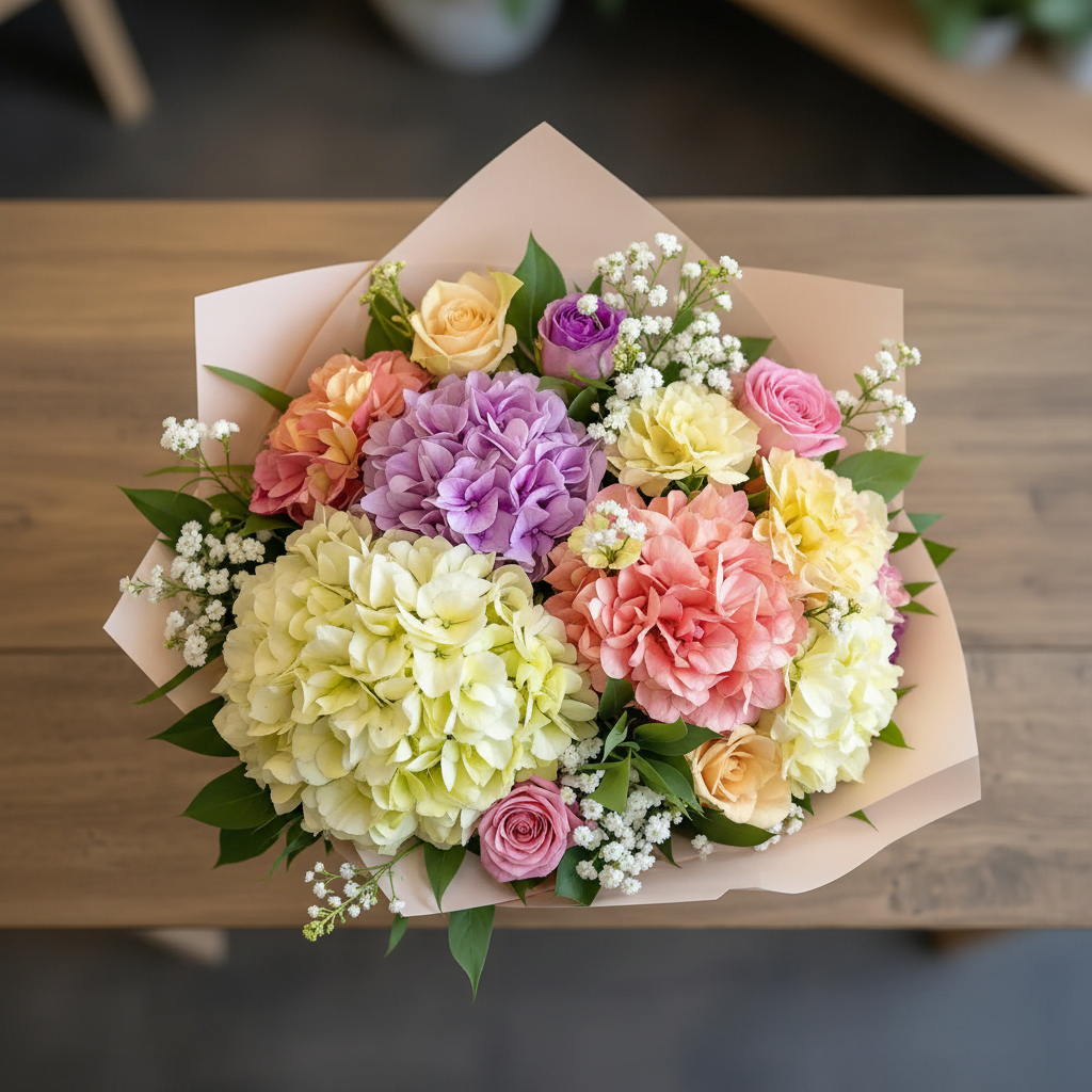 Armonie Delicata – 5 Hortensii, 4 Trandafiri, Floarea Miresei, 2 Alstroemeria, Verdeață și Ambalaj - imagine 2