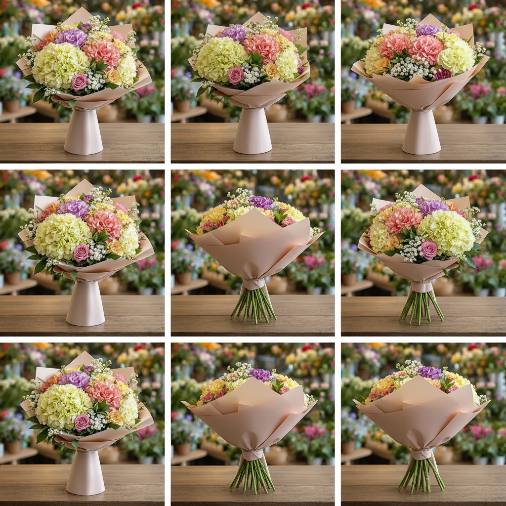 Armonie Delicata – 5 Hortensii, 4 Trandafiri, Floarea Miresei, 2 Alstroemeria, Verdeață și Ambalaj - imagine 5