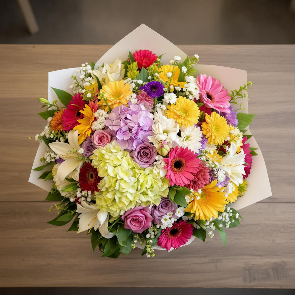 Grădina Celestă – 3 Hortensii, 5 Trandafiri, 3 Crini, 1 Gubera, 3 Crizanteme, Verdeață și Floarea Miresei - imagine 2
