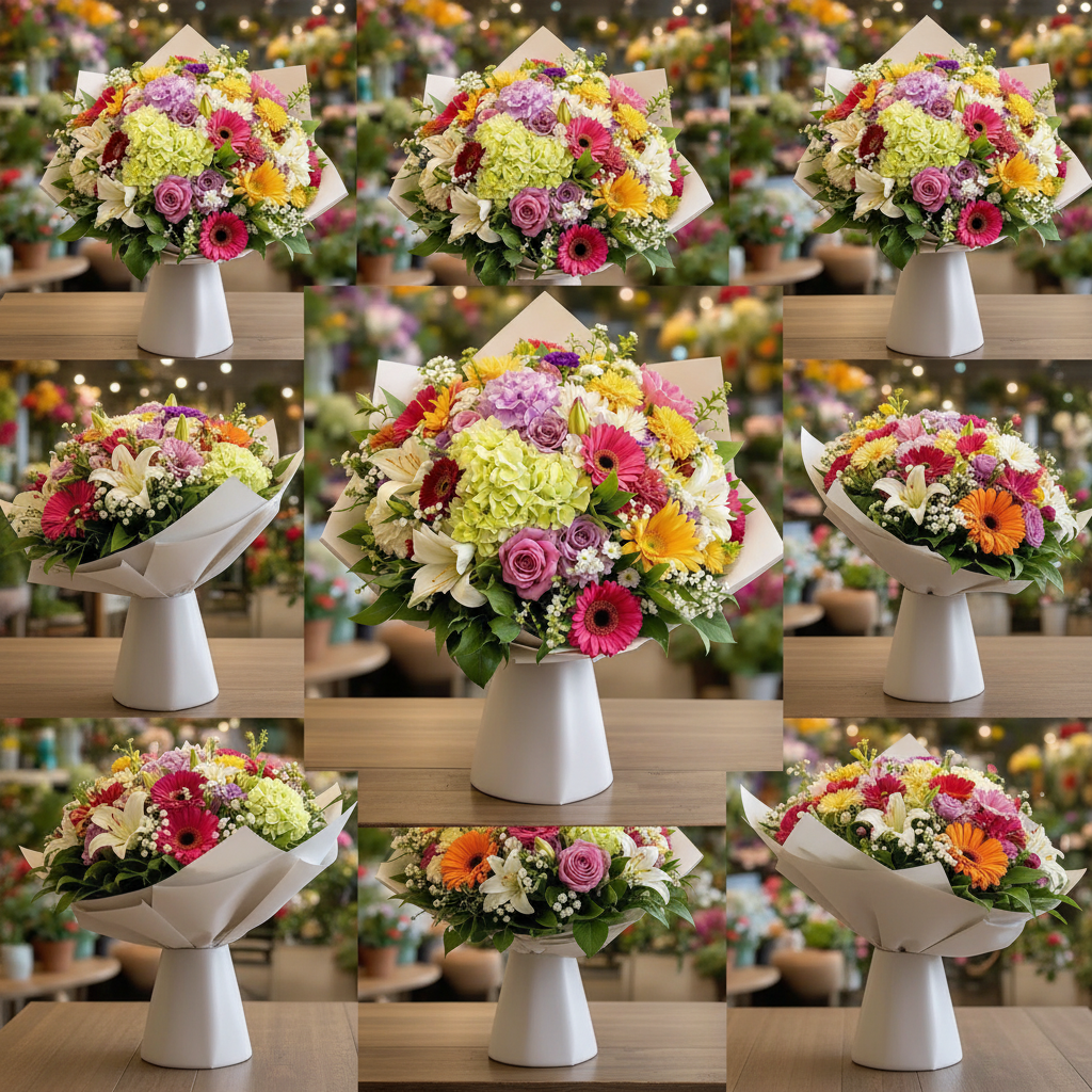 Grădina Celestă – 3 Hortensii, 5 Trandafiri, 3 Crini, 1 Gubera, 3 Crizanteme, Verdeață și Floarea Miresei - imagine 3
