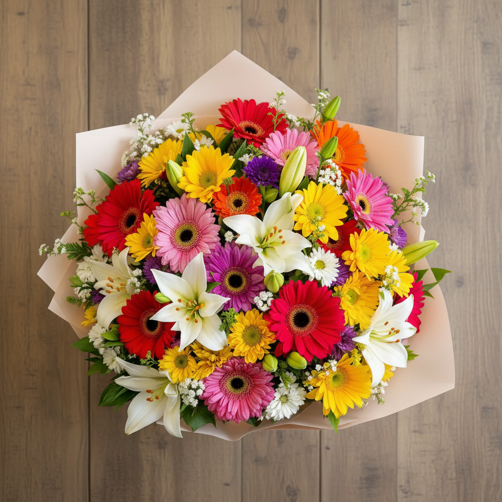 Soare și Poezie – 5 Crini, 11 Gerbera, 4 Crizanteme, Floarea Miresei, Verdeață și Ambalaj - imagine 2