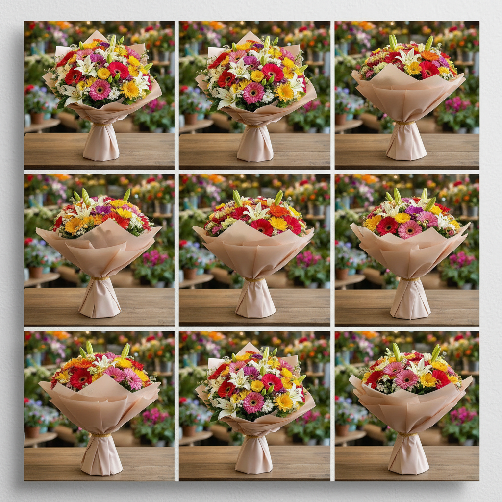 Soare și Poezie – 5 Crini, 11 Gerbera, 4 Crizanteme, Floarea Miresei, Verdeață și Ambalaj - imagine 3