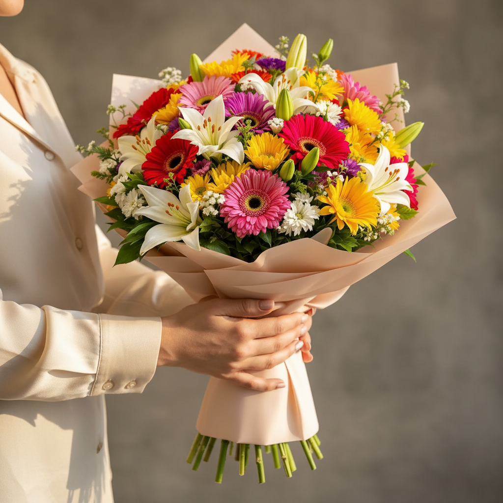 Soare și Poezie – 5 Crini, 11 Gerbera, 4 Crizanteme, Floarea Miresei, Verdeață și Ambalaj - imagine 4
