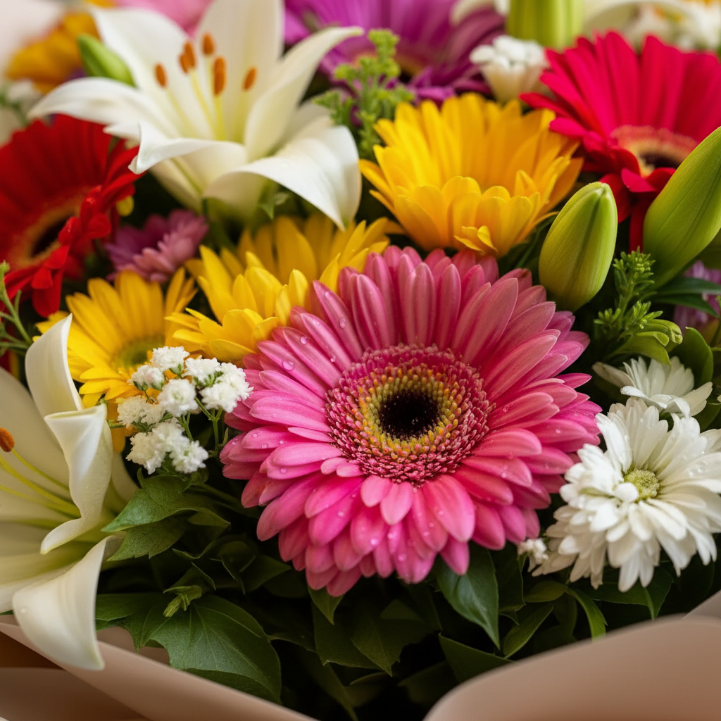 Soare și Poezie – 5 Crini, 11 Gerbera, 4 Crizanteme, Floarea Miresei, Verdeață și Ambalaj - imagine 5