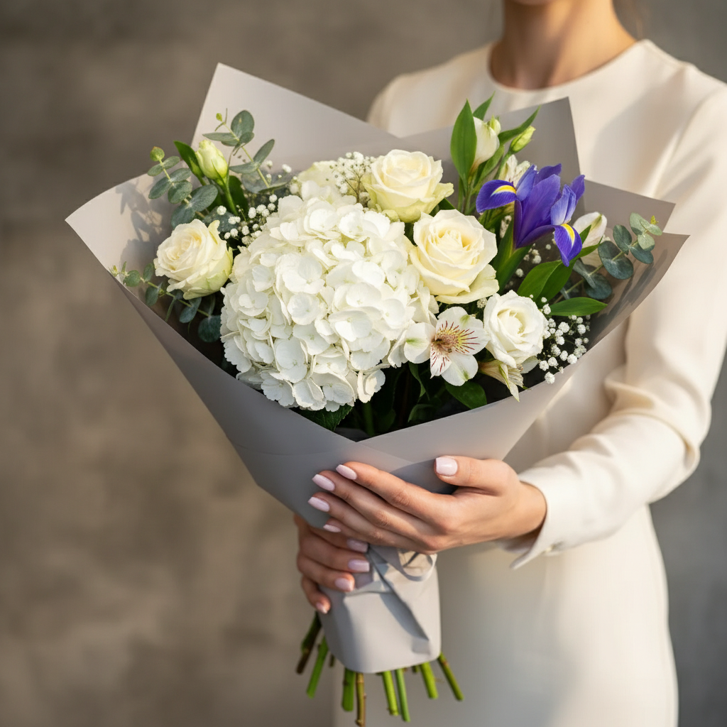 Buchet Miresă Modernă cu Hortensie, Trandafiri, Lisianthus, Alstroemeria, Iris, Eucalipt, Floarea Miresei - imagine 3