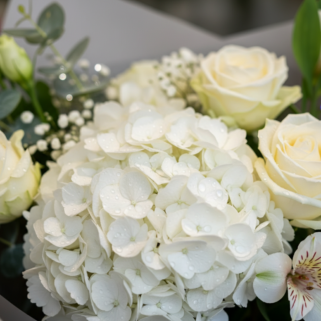 Buchet Miresă Modernă cu Hortensie, Trandafiri, Lisianthus, Alstroemeria, Iris, Eucalipt, Floarea Miresei - imagine 4