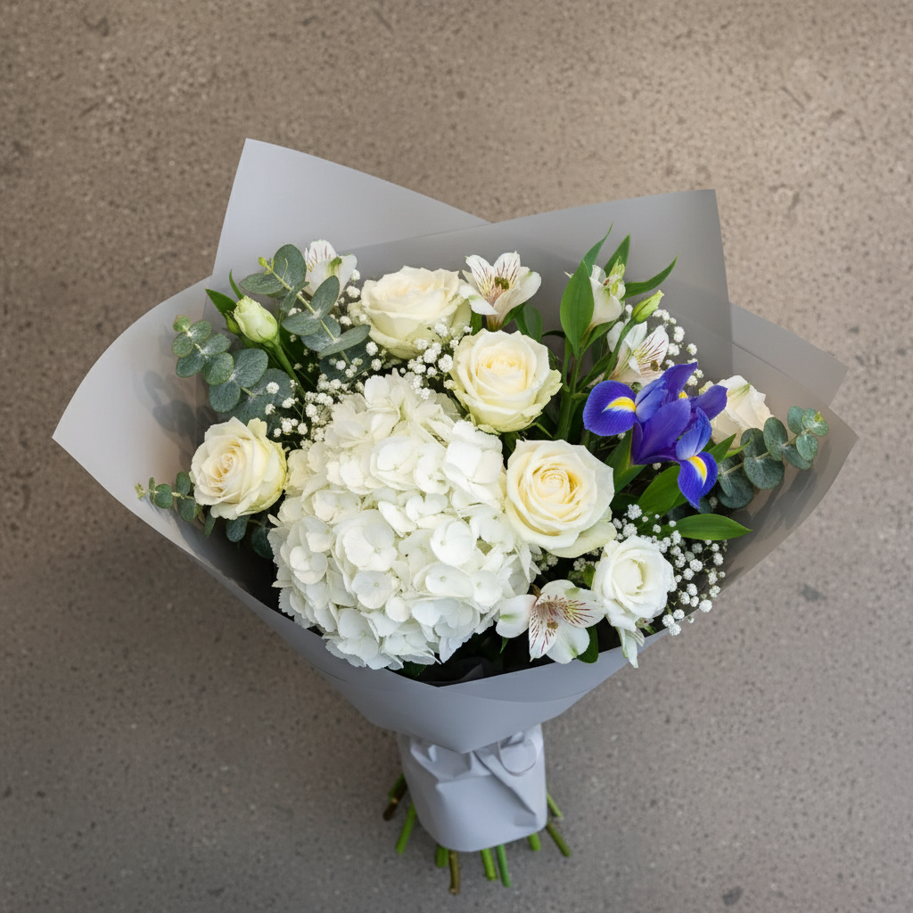 Buchet Miresă Modernă cu Hortensie, Trandafiri, Lisianthus, Alstroemeria, Iris, Eucalipt, Floarea Miresei - imagine 2