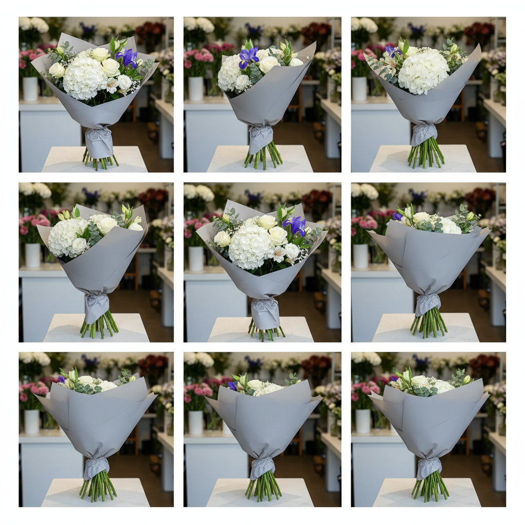 Buchet Miresă Modernă cu Hortensie, Trandafiri, Lisianthus, Alstroemeria, Iris, Eucalipt, Floarea Miresei - imagine 5