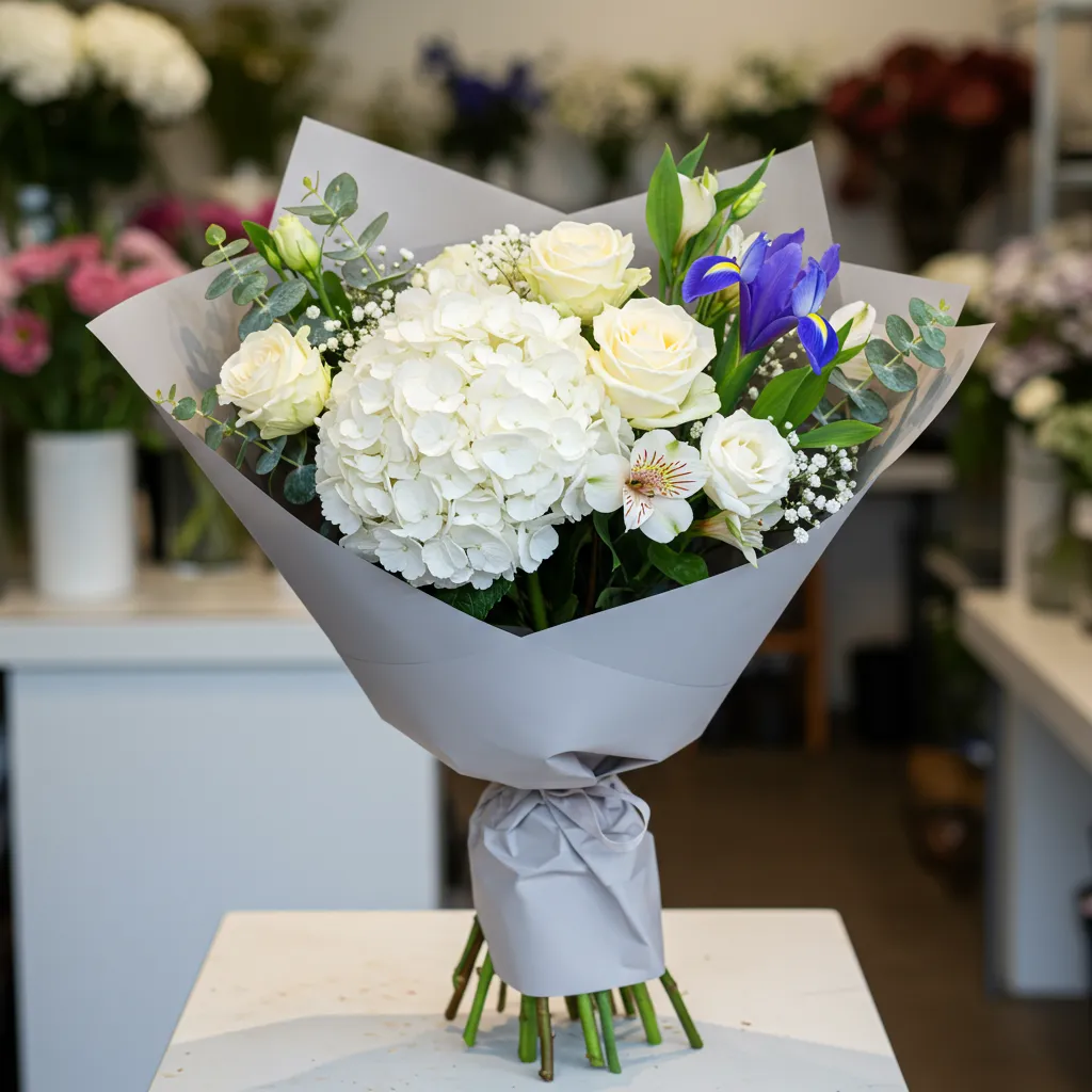 Buchet Miresă Modernă cu Hortensie, Trandafiri, Lisianthus, Alstroemeria, Iris, Eucalipt, Floarea Miresei
