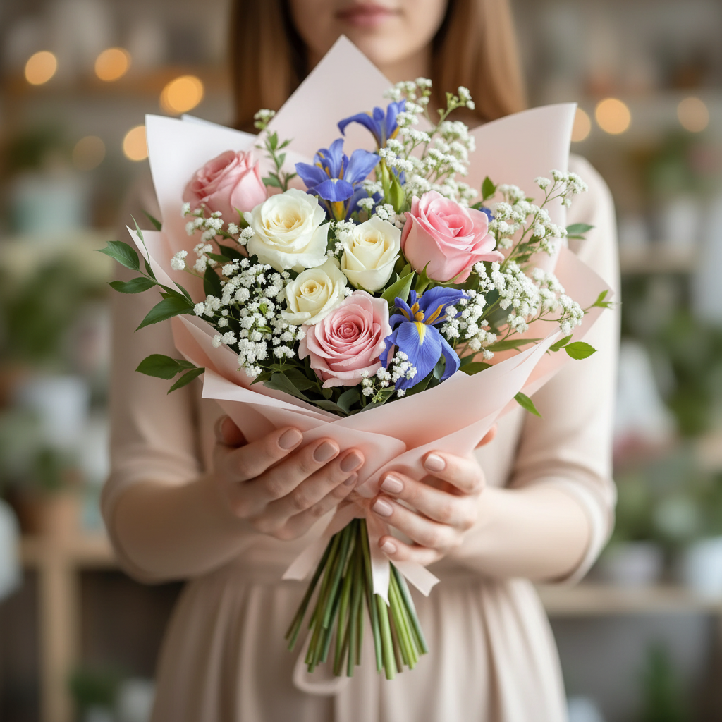 Buchet Mix Delicat cu Minitrandafiri, Trandafir, Lisianthus, Gura Leului, Iris, Floarea Miresei - imagine 4
