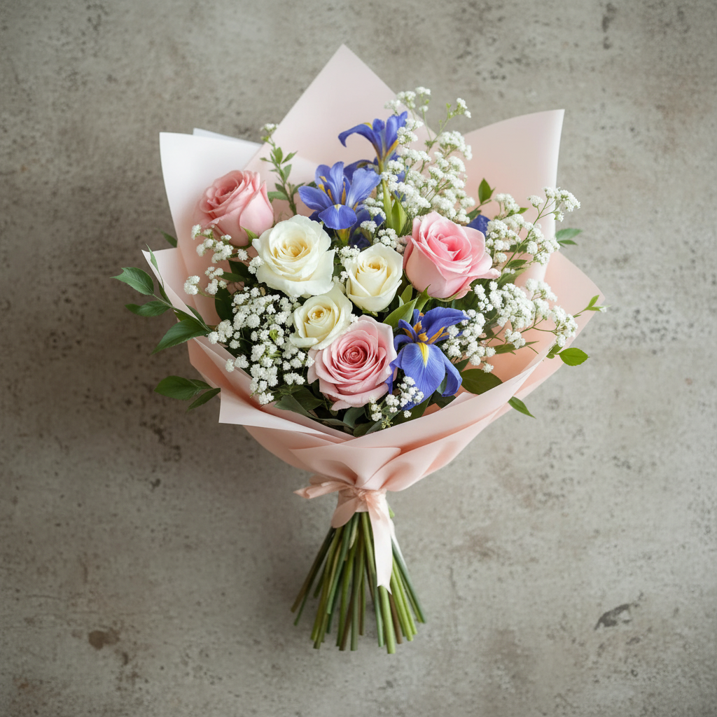 Buchet Mix Delicat cu Minitrandafiri, Trandafir, Lisianthus, Gura Leului, Iris, Floarea Miresei - imagine 2