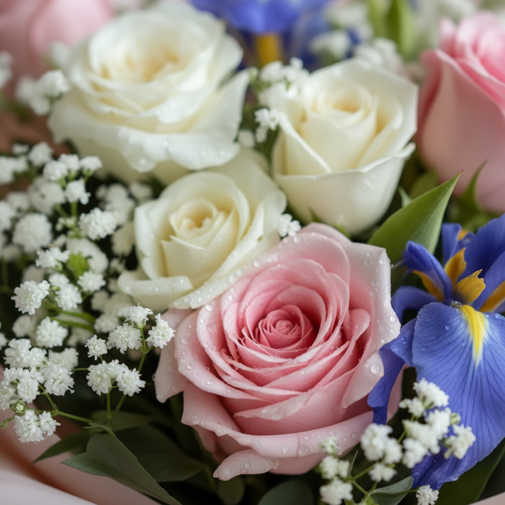 Buchet Mix Delicat cu Minitrandafiri, Trandafir, Lisianthus, Gura Leului, Iris, Floarea Miresei - imagine 3