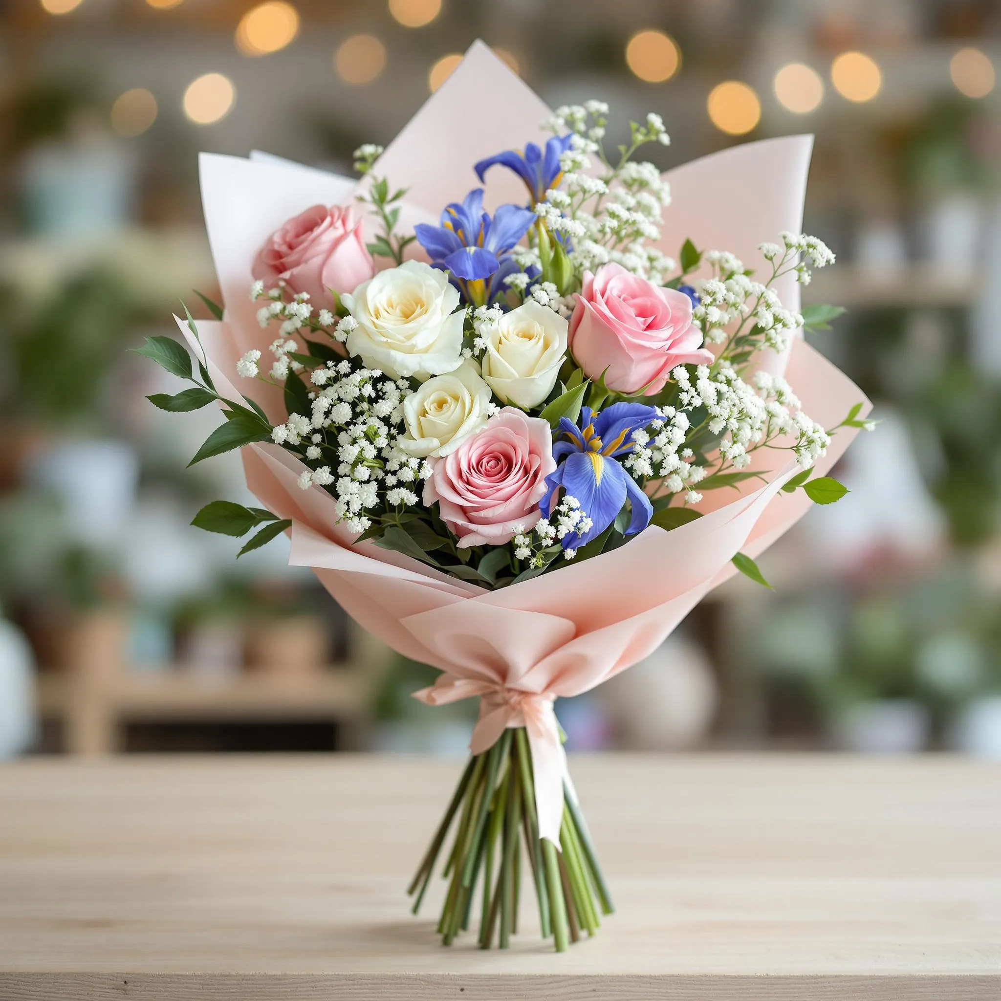 Buchet Mix Delicat cu Minitrandafiri, Trandafir, Lisianthus, Gura Leului, Iris, Floarea Miresei