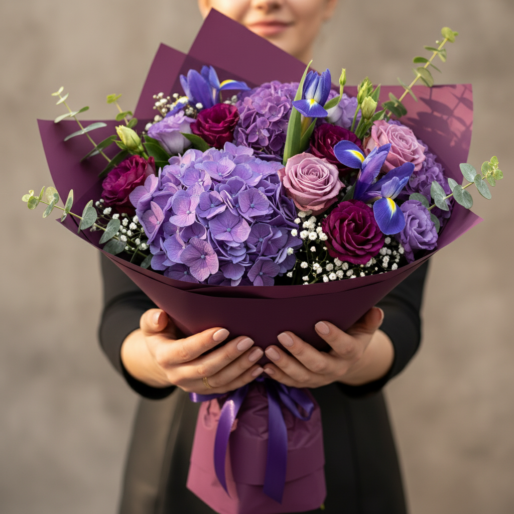 Buchet Mov Regal cu Hortensii, Trandafiri, Iriși, Lisianthus, Eucalipt, Floarea Miresei - imagine 2