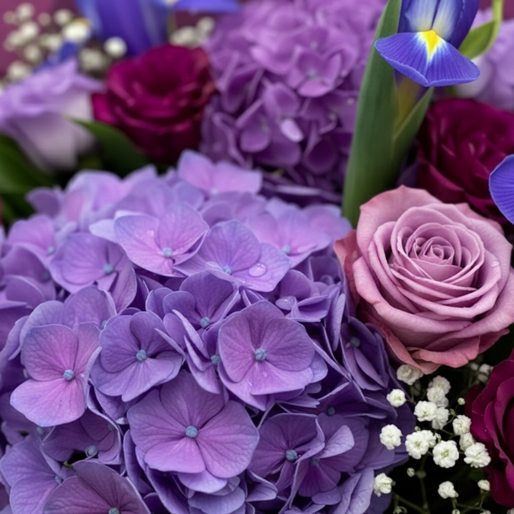 Buchet Mov Regal cu Hortensii, Trandafiri, Iriși, Lisianthus, Eucalipt, Floarea Miresei - imagine 4