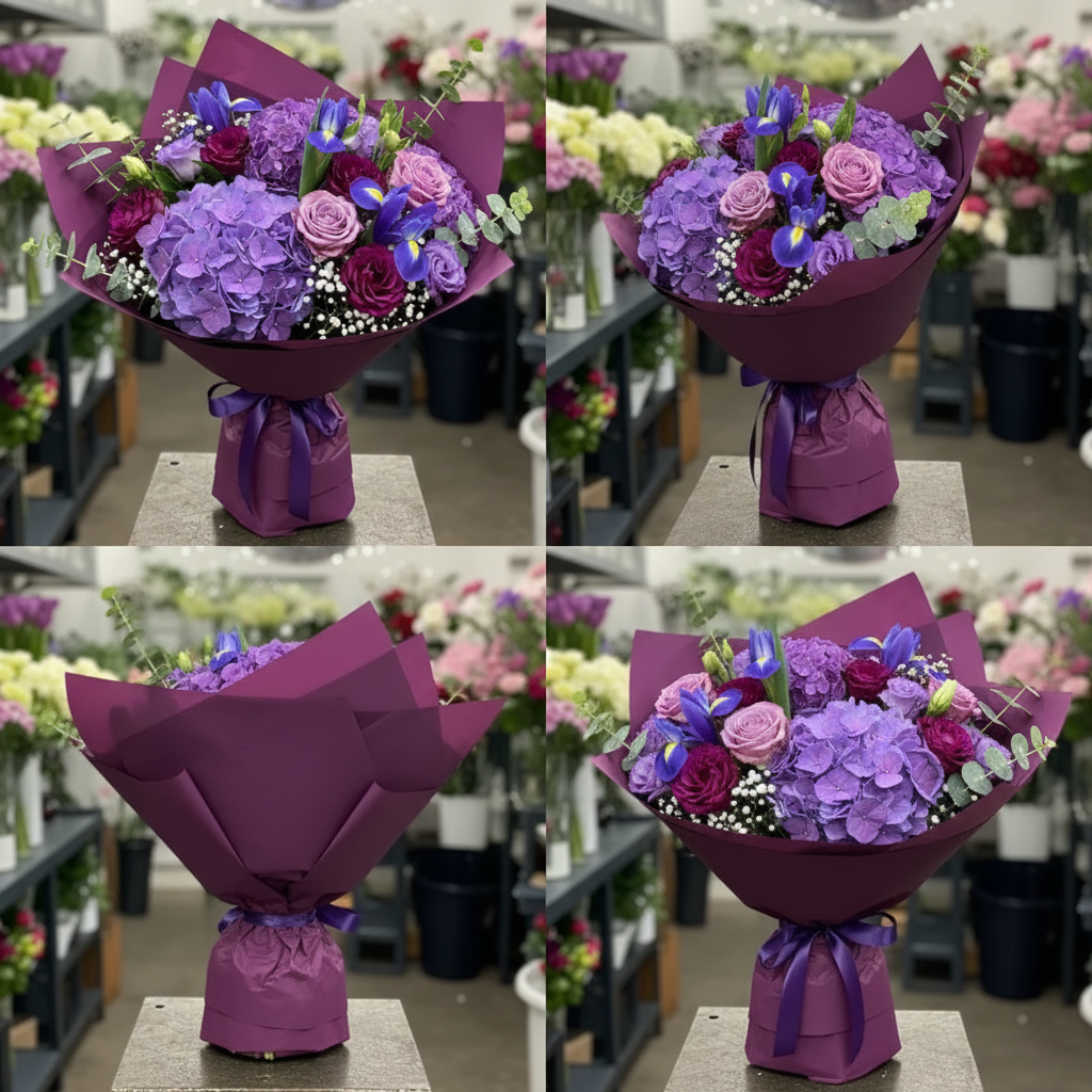 Buchet Mov Regal cu Hortensii, Trandafiri, Iriși, Lisianthus, Eucalipt, Floarea Miresei - imagine 5