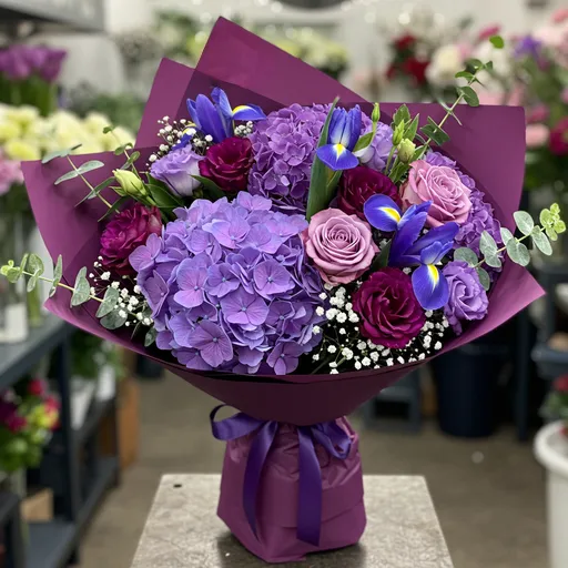 Buchet Mov Regal cu Hortensii, Trandafiri, Iriși, Lisianthus, Eucalipt, Floarea Miresei