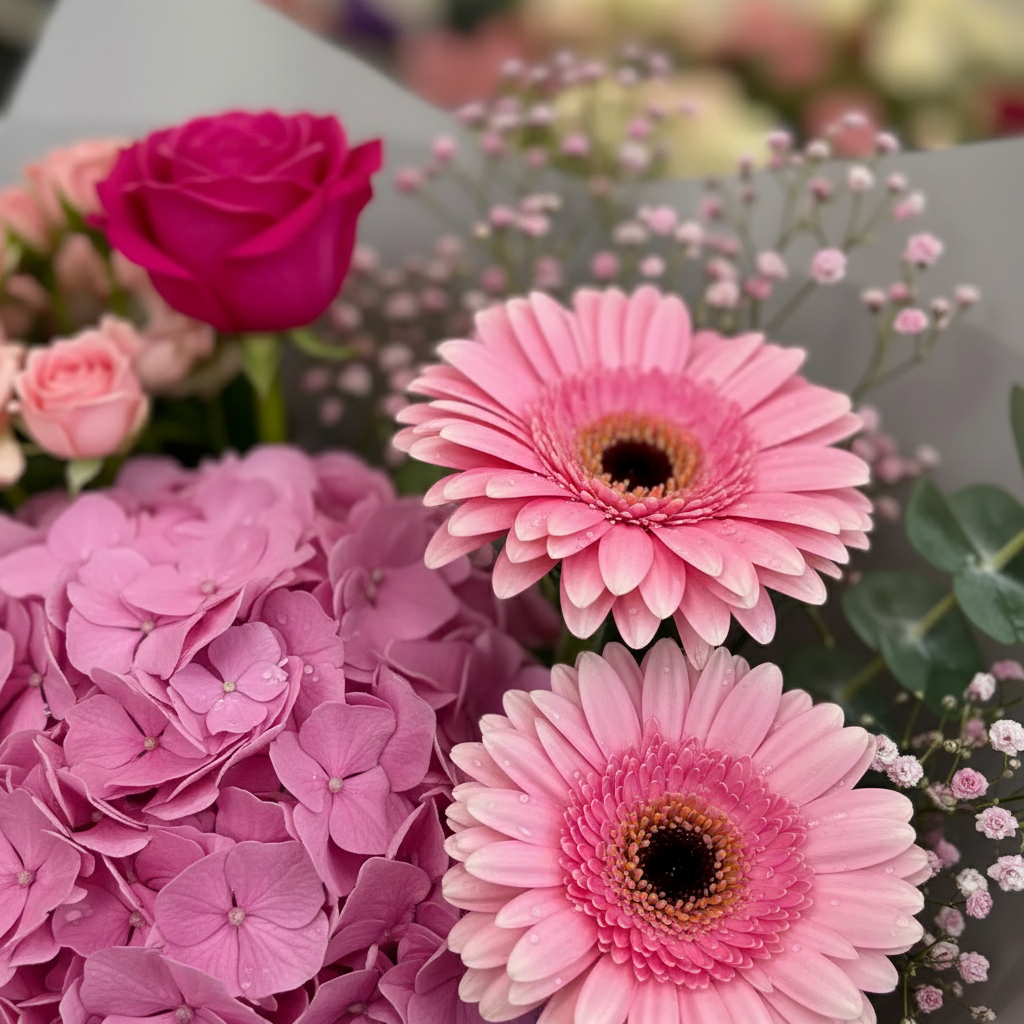 Buchet Pink Love cu Trandafiri, Hortensie, Minitrandafiri, Gerbera, Eucalipt, Floarea Miresei - imagine 4