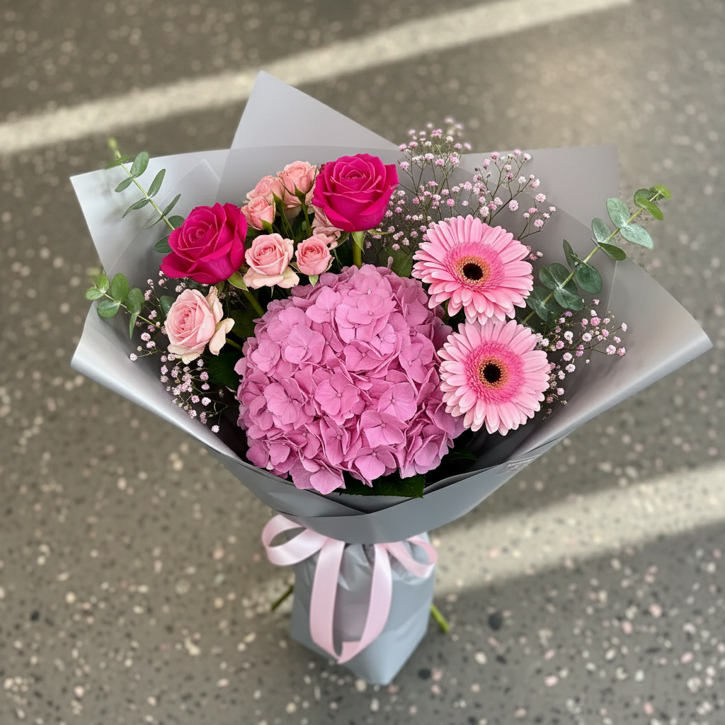 Buchet Pink Love cu Trandafiri, Hortensie, Minitrandafiri, Gerbera, Eucalipt, Floarea Miresei - imagine 2
