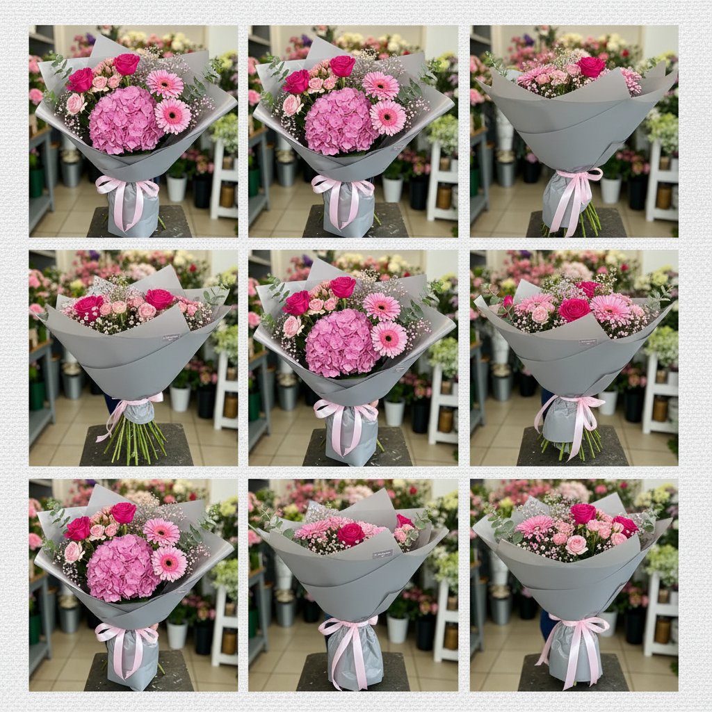 Buchet Pink Love cu Trandafiri, Hortensie, Minitrandafiri, Gerbera, Eucalipt, Floarea Miresei - imagine 3