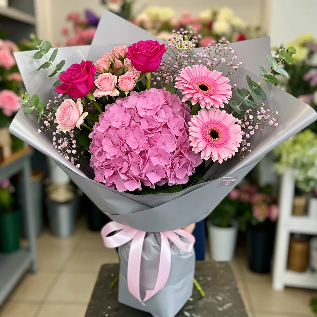 Buchet Pink Love cu Trandafiri, Hortensie, Minitrandafiri, Gerbera, Eucalipt, Floarea Miresei