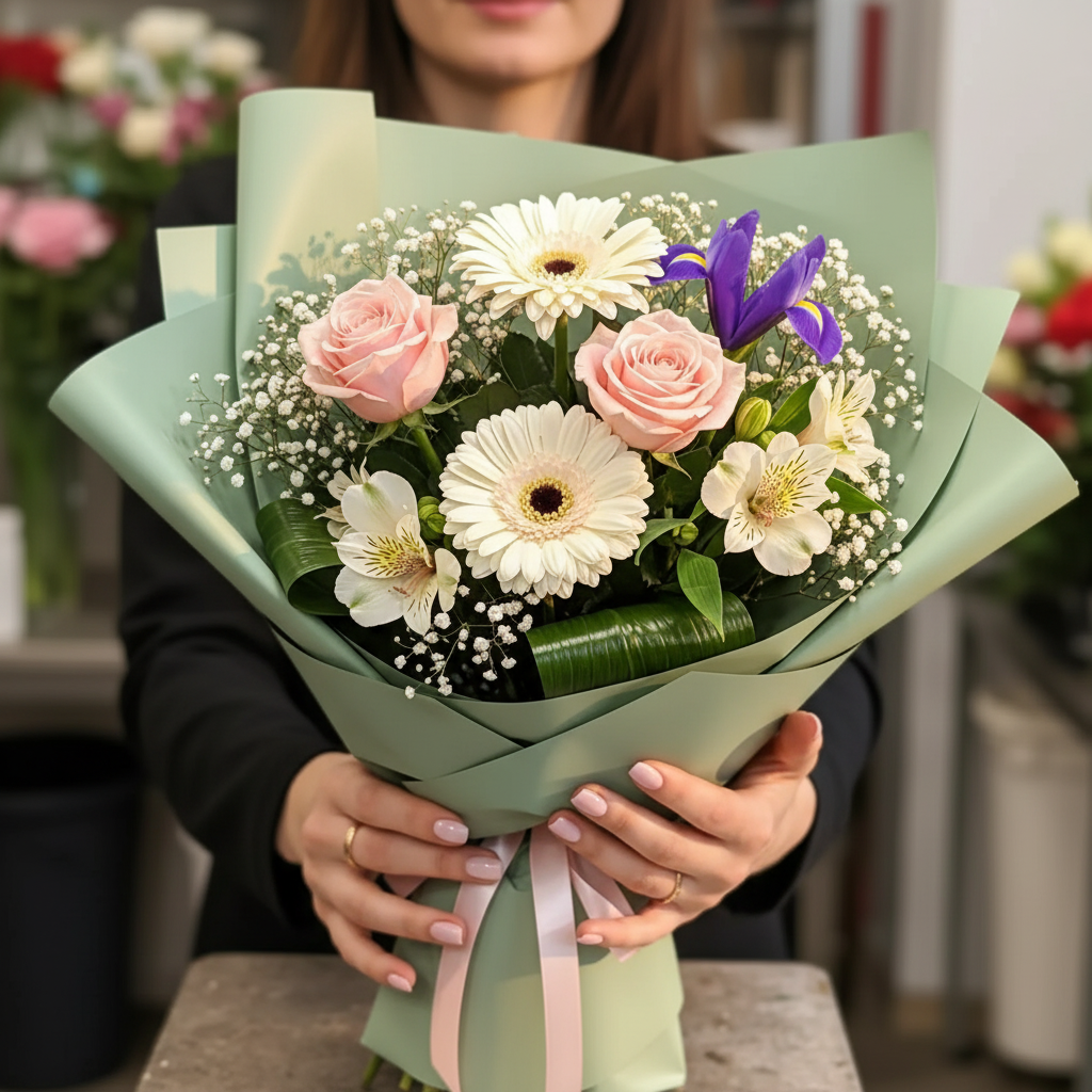 Buchet Romantic Pastel cu Trandafiri, Gerbera, Alstroemeria, Iris, Floarea Miresei - imagine 5