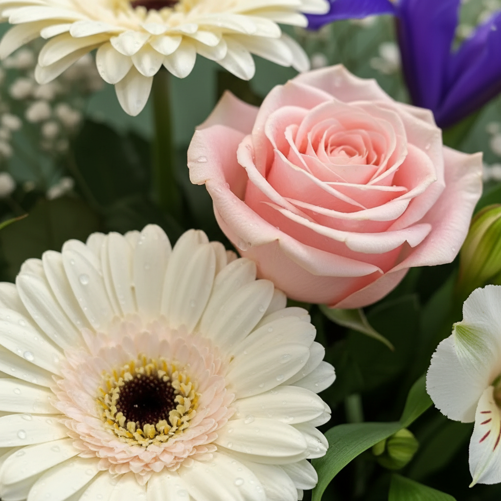 Buchet Romantic Pastel cu Trandafiri, Gerbera, Alstroemeria, Iris, Floarea Miresei - imagine 2