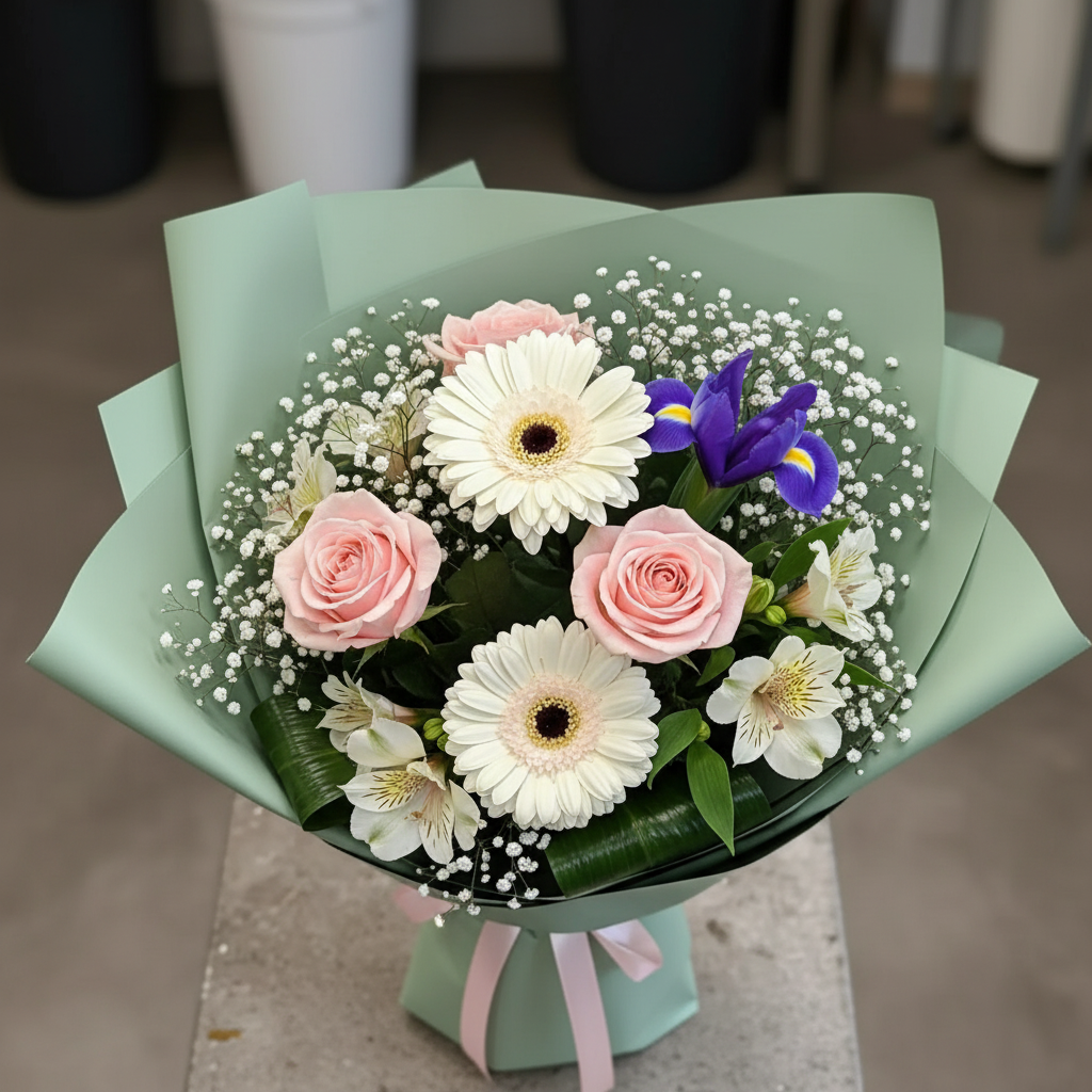 Buchet Romantic Pastel cu Trandafiri, Gerbera, Alstroemeria, Iris, Floarea Miresei - imagine 3