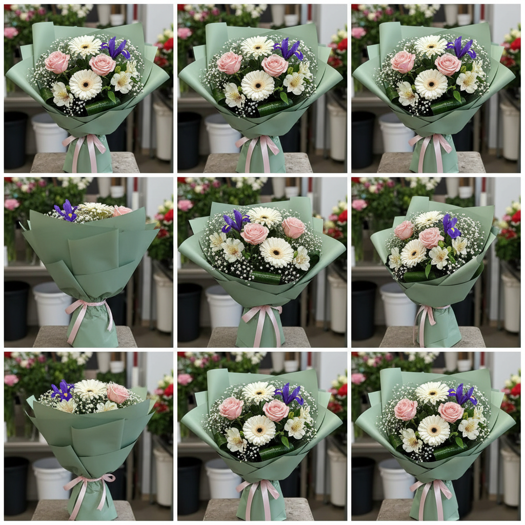 Buchet Romantic Pastel cu Trandafiri, Gerbera, Alstroemeria, Iris, Floarea Miresei - imagine 4