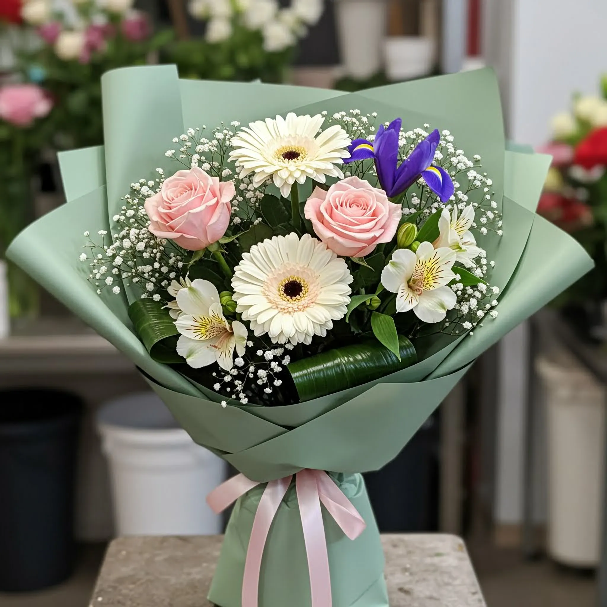 Buchet Romantic Pastel cu Trandafiri, Gerbera, Alstroemeria, Iris, Floarea Miresei