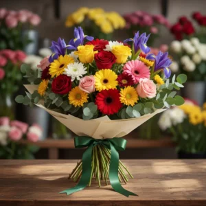 Ocazie: Buchet Aniversare cu Trandafiri Roșii, Gerbere, Iris, Crizantemă - "Sărbătoare în Culori"