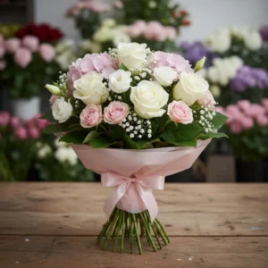 Ocazie: Buchet Botez cu Trandafiri Albi, Trandafiri Roz, Hortensia Roz, Lisiantus Albi, Florarea Miresei, Salal - "Binecuvântare Pură"