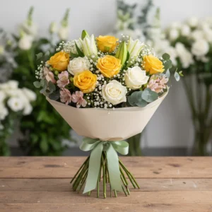 Ocazie: Buchet Casă Nouă cu Trandafiri Galbeni, Trandafiri Albi, Crini, Alstroemeria, Florarea Miresei - "Armonie Florală"