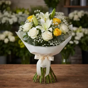 Ocazie: Buchet Îmi pare rău cu Trandafiri Albi, Trandafiri Galbeni, Crini, Florarea Miresei - "Iertare Sinceră"