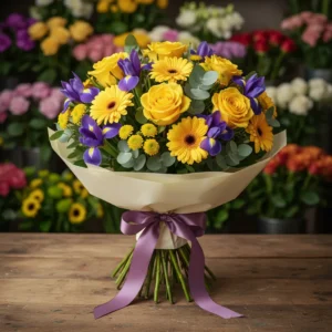 Ocazie: Buchet Însănătoșire cu Trandafiri Galbeni, Gerbere Galbene, Iris Mov, Crizanteme, Eucalipt - "Zâmbet Vindecător"