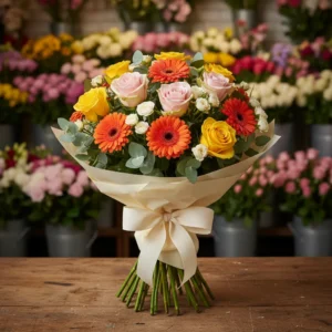 Ocazie: Buchet Mulțumire cu Trandafiri Galbeni, Trandafiri Roz, Gerbere Portocalii, Florarea Miresei - "Din Inimă"