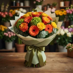 Ocazie: Buchet Noi Începuturi cu Trandafiri Galbeni, Trandafiri Portocalii, Gerbere, Hortensie, Eucalipt - "Zori Senini"
