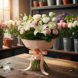 Ocazie: Buchet Onomastică cu Trandafiri Albi, Minitrandafiri Roz, Crini Albi, Salal - "Gânduri Sincere"