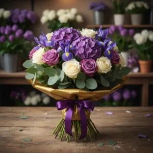 Ocazie: Buchet Pensionare cu Trandafiri Albi, Trandafiri Mov, Hortensie Mov, Iris Mov, Eucalipt - "Ani de Aur"