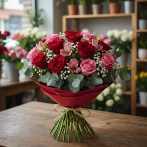 Ocazie: Buchet Romantic cu Trandafiri Roșii, Trandafiri Roz, Alstroemeria, Florarea Miresei - "Declarație de Dragoste"