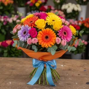 Ocazie: Buchet Surpriză cu Trandafiri Galbeni, Trandafiri Roz, Minitrandafiri, Gerbere, Crizantemă - "Bună Dispoziție"