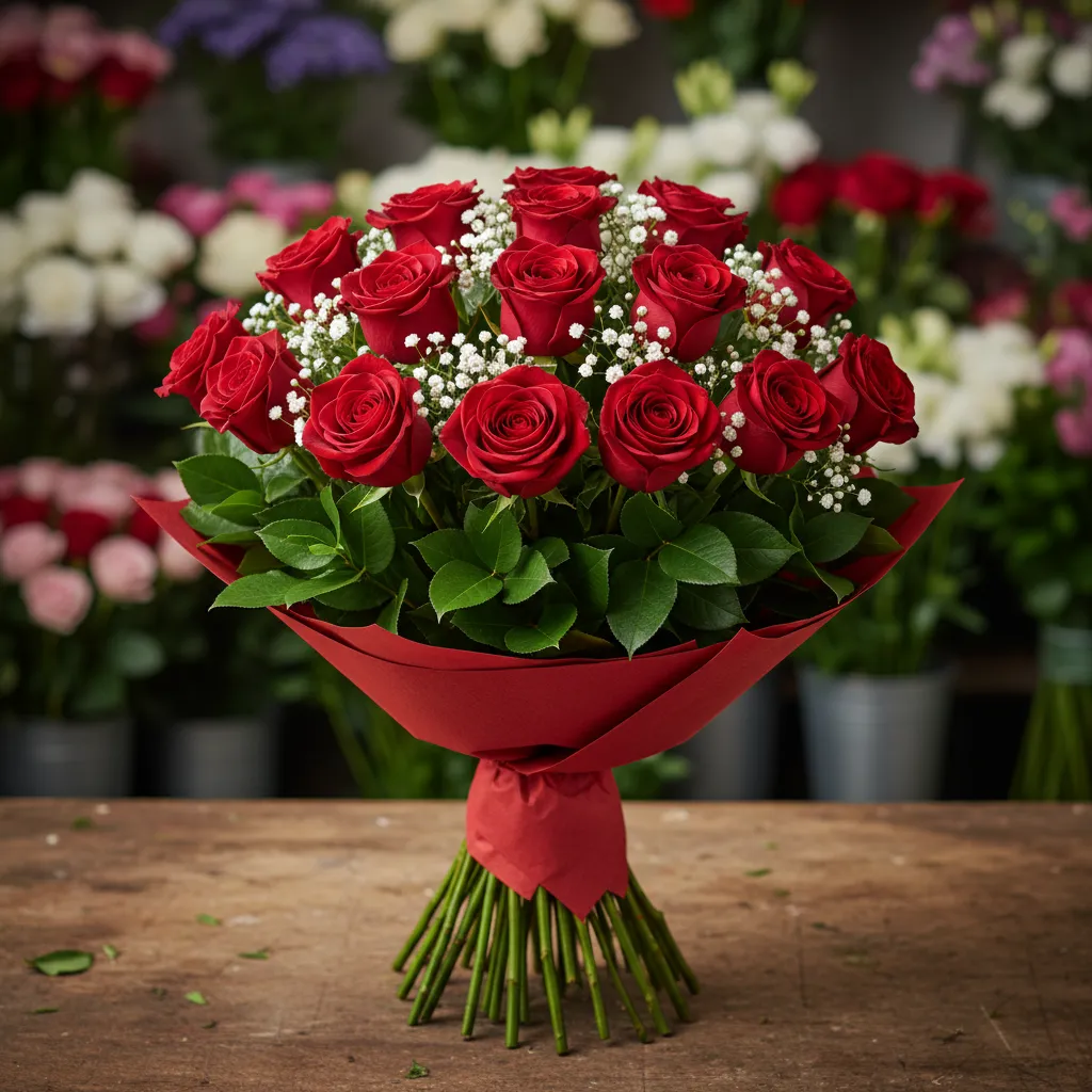 Ocazie: Buchet Ziua Îndrăgostiților cu Trandafiri Roșii, Florarea Miresei, Salal - "Pasiune Roșie"