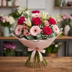Ocazie: Buchet Ziua Mamei cu Trandafiri Roz, Gerbere, Alstroemeria, Florarea Miresei - "Iubire de Mamă"
