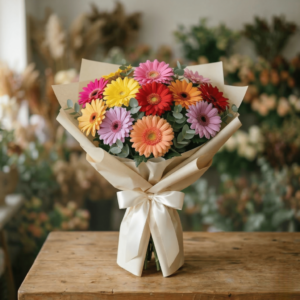 Curcubeu de Veselie – Buchet cu 13 Gerbera Mix și Eucalipt