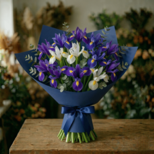 Elegance Blue – Buchet cu 15 Irisi Multicolori și Eucalipt