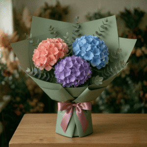 Simfonia Culorilor – Buchet Premium cu 3 Hortensii Multicolore