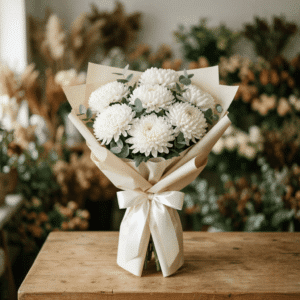 Buchet „Puritate Albă” – 7 Crizanteme Imperiale și Eucalipt