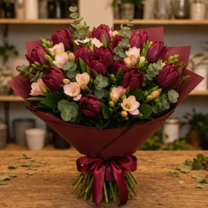 Buchet Flori de Lux Imperial Noir cu Orhidee și Trandafiri Toffee - imagine 1
